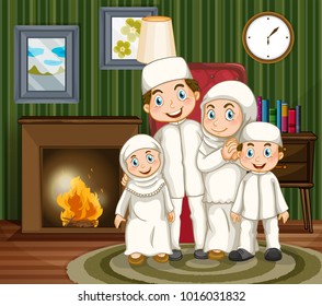 Muslim family by the fireplace in the livingroom illustration