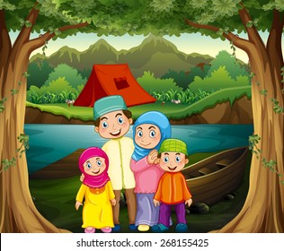 Muslim family camping out by the river