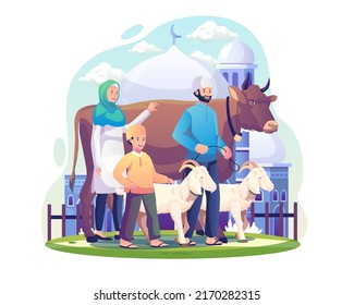 A Muslim family celebrates Eid al Adha with a cow and some goats as sacrificial animals. Vector illustration in flat style