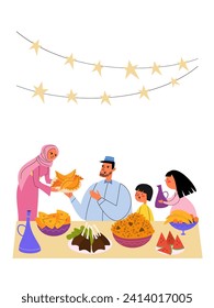 Muslim family celebrates Eid al Fitr. Women set the table, men rejoice. Vector illustration.