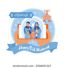 Familia musulmana celebra Eid al-Fitr en línea. Video Hacer llamadas a través de la pantalla del teléfono inteligente. Feliz concepto de Eid Mubarak. Ilustración vectorial plana.