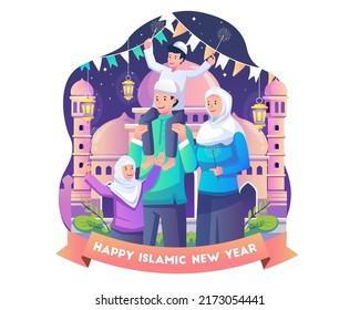 A Muslim Family celebrates Islamic New Year or Hijri New Year. Happy 1st Muharram Islam New year. Vector illustration in flat style