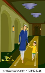 Muslim family celebrating Eid in vector mosque backdrop