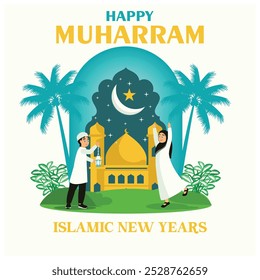 Muslim family celebrating Islamic New Year. Children take part in a torchlight festival. Islamic New Year concept. Flat vector illustration.