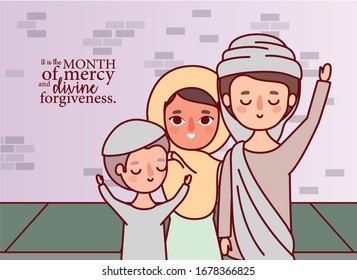 Muslim family celebrating ramadan eid mubarak design, islamic religion culture belief religious faith god spiritual meditation and traditional theme Vector illustration