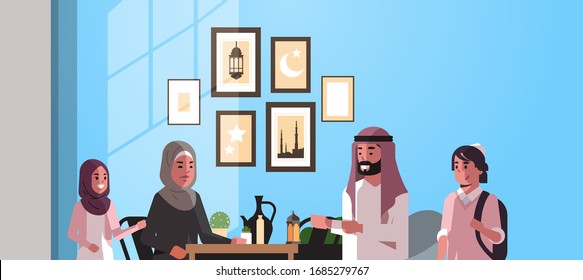 muslim family celebrating ramadan kareem holy month living room interior arabic parents and children in traditional clothes spending time together flat horizontal portrait vector illustration