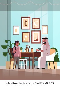 muslim family celebrating ramadan kareem holy month living room interior arabic father and son in traditional clothes spending time together flat vertical full length vector illustration