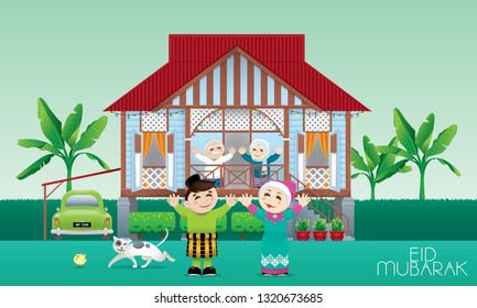 A Muslim family celebrating Raya festival in their traditional Malay style house. Caption: happy holiday. Vector.