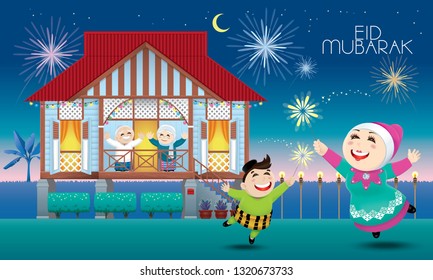 A Muslim family celebrating Raya festival in their traditional Malay style house. Caption: happy holiday. Vector.
