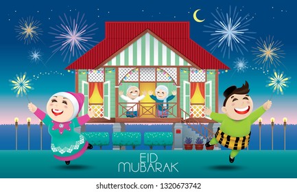 A Muslim family celebrating Raya festival in their traditional Malay style house. Caption: happy holiday. Vector.