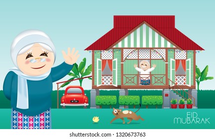 A Muslim family celebrating Raya festival in their traditional Malay style house. Caption: happy holiday. Vector.