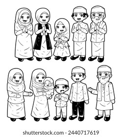 Muslim family character element vector outline sketch illustration