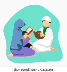 Muslim family characters are reading the Qur'an.