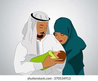 Muslim family with a child. Arab family with a child. The traditional Muslim family. Father, mother and child. 