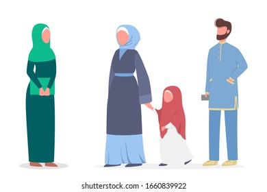 Muslim family with child. Arabian woman and man in traditional clothes. Woman wearing hijab. Islam religion. Isolated vector illustration