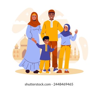 Muslim family concept. Man and woman in hijab with boy and girl. Traditions and culture of arabic city. Islam and religious people. Faith and belief. Cartoon flat vector illustration