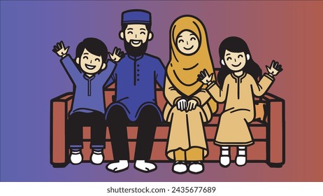 A Muslim family consisting of father, mother, a doughter and a son are sitting together on the sofa, they look happy