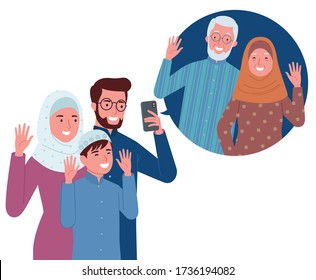 a Muslim family consisting of parents and their children is making a video call with their grandparents.