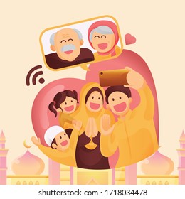 Muslim Family Contact Their Elder or Parents In Smartphone Video Call to Show Their Love in Eid Mubarak Celebration