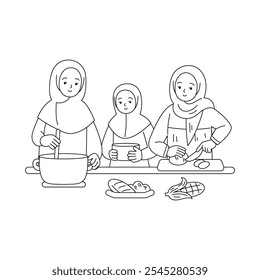 Muslim Family Cooking Together Outline Coloring Page Printable 