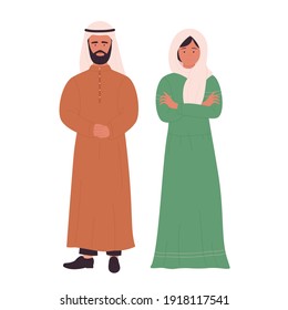 Muslim family or couple people vector illustration. Cartoon arab flat young man woman, arabian husband and wife standing together, saudi characters wearing traditional clothes isolated on white