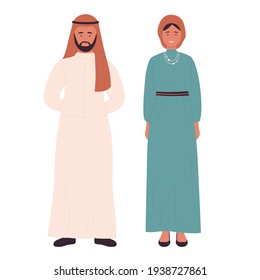 Muslim family or couple people vector illustration. Cartoon arab flat young man woman, arabian husband and wife standing together, saudi characters wearing traditional clothes isolated on white