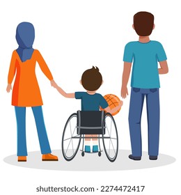 Muslim family dad and mom with their son who is sitting in a wheelchair and holding a basketball. Vector illustration of people on a white background. 