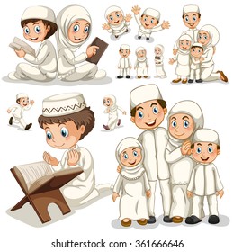 Muslim family in different actions illustration