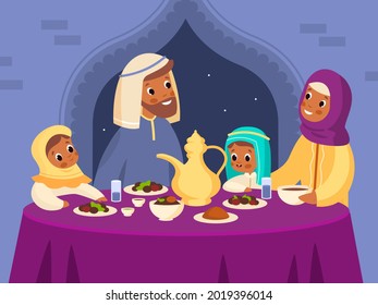 Muslim family dinner. Arabian parents and kids eating at home. Oriental cuisine. People in traditional national clothes sitting at table. Characters taking meal together. Vector concept