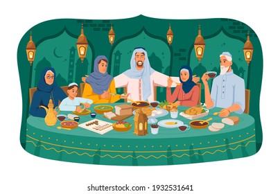 Muslim family at dinner, iftar ramadan holiday celebration, arabic people in national cloth, lanterns and arabian cityscape on background. Parents and kids sitting at table, national food and drinks