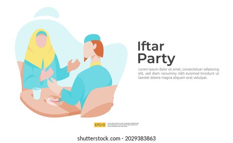 Muslim family dinner on Ramadan Kareem or celebrating Eid with people character. Iftar Eating After Fasting feast party concept. web landing page template, banner, presentation, social or print media