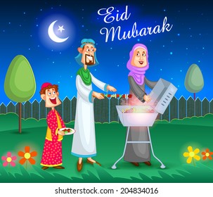 Muslim family doing barbeque on Eid in vector