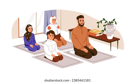 Muslim family during Namaz, Salah. Religious parents and children praying. Eastern people reciting prayers to Allah. Islam religion concept. Flat vector illustration isolated on white background