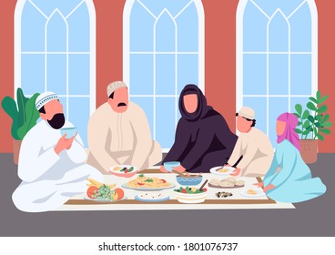 Muslim Family Eat Together Flat Color Vector Illustration. Parents And Children At Table With Food. Islam Traditional Meal 2D Cartoon Scene With Characters And Interior On Background