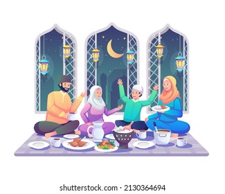 Muslim Family eating Iftar after fasting. Enjoying Ramadan Kareem Mubarak together in happiness during fasting. Flat style vector illustration