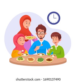 Muslim Family Eating Sahur Or Eat Early Morning Before Fasting Day. Ramadan Vector Illustration