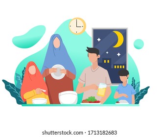 Muslim Family eating sahur or eat early morning before fasting day. ramadan vector illustration Eps 10