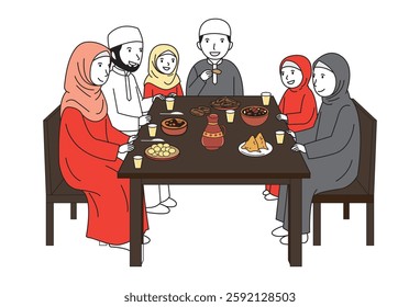 Muslim Family Eating vectors, During the holy month of Ramadan, families come together to enjoy iftar, sharing meals in gratitude after a day of fasting. This special moment is filled with happiness