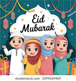 Muslim family, Eid Mubarak cartoon illustration