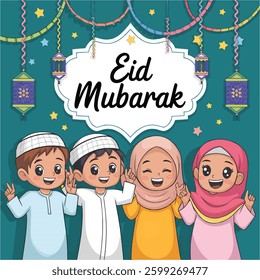 Muslim family, Eid Mubarak cartoon illustration