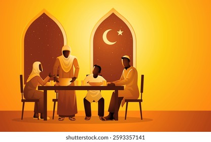 Muslim family enjoying iftar together, dressed in traditional attire. Arched windows reveal a night sky with a crescent moon and star, symbolizing Ramadan