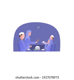 Muslim family enjoying pre dawn meal dinner , ramadan flat design