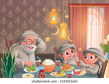 A Muslim Family Father and 2 Kids Breaking Ramadan Fasting vector illustration