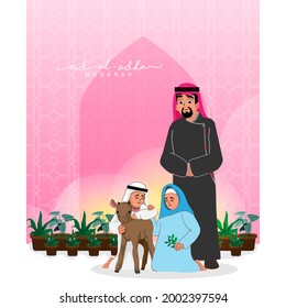 Muslim Family, Father, Daughter and Son hugs Goat, Islamic Festival of Sacrifice Eid-Ul-Adha Concept. 