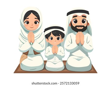 Muslim family, father, mother, and child dressed in traditional attire including hijab, kneeling together on prayer rugs as they perform their prayers.