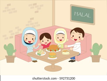 Muslim family, father mother daughter sister eating halal food at cafe