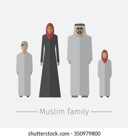 Muslim family. Flat illustration. UAE people.