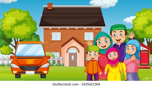 Muslim family in front of the house illustration