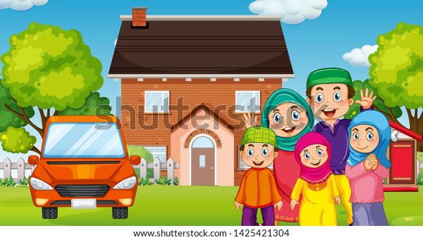 Muslim family\
in front of the house\
illustration