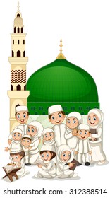 Muslim family in front of mosque illustration